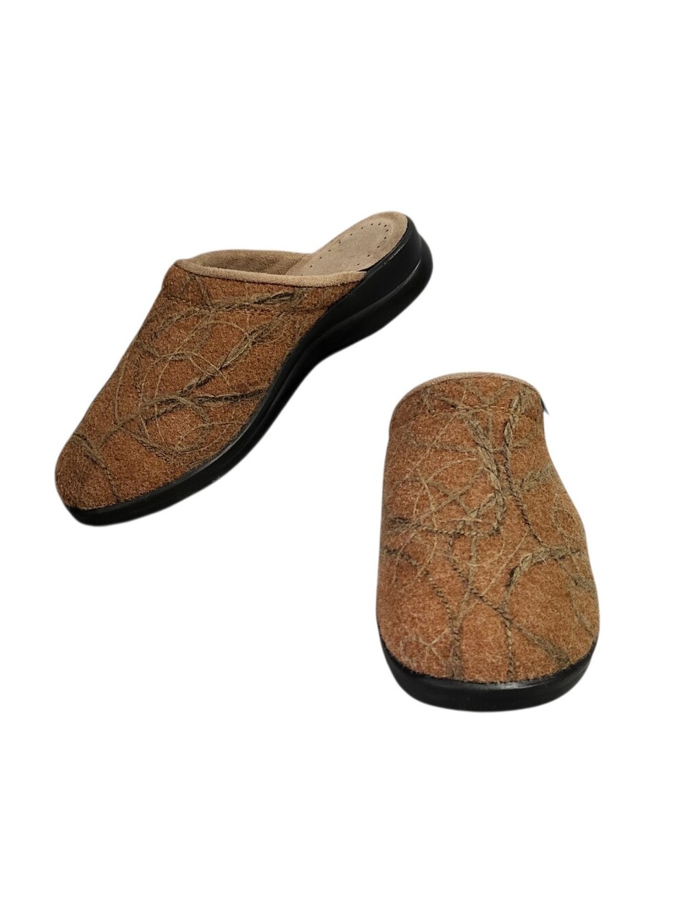 Fly Flot Slip On Clogs Mules Sz 39-8-8.5 Brown Wool Embroidered Italy Comfort